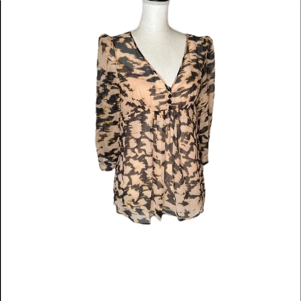 Tracy Reese Peach Black Graphic Print Silk 3/4 Blouse Puff Sleeve Blouse Top Med